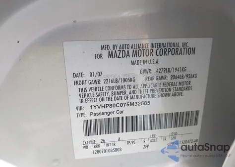 2007 Mazda Mazda6 I Touring z USA, uszkodzony, nr VIN 1YVHP80C075M32585